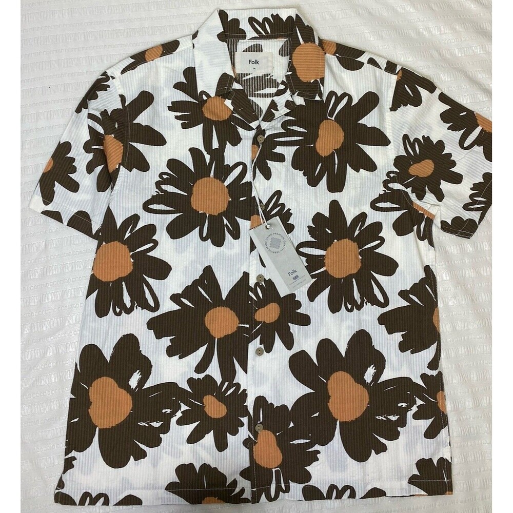 FOLK Clothing Cotton Brown Flower Hippie Boho Short Sleeve Shirt Size Medium New
